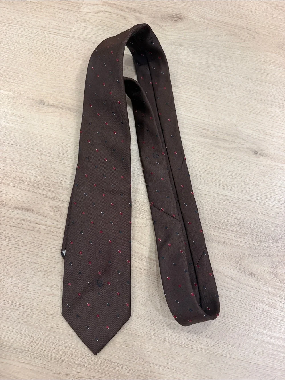 Christian Dior Brown Men's Silk Tie with Red & Blue Microdots
